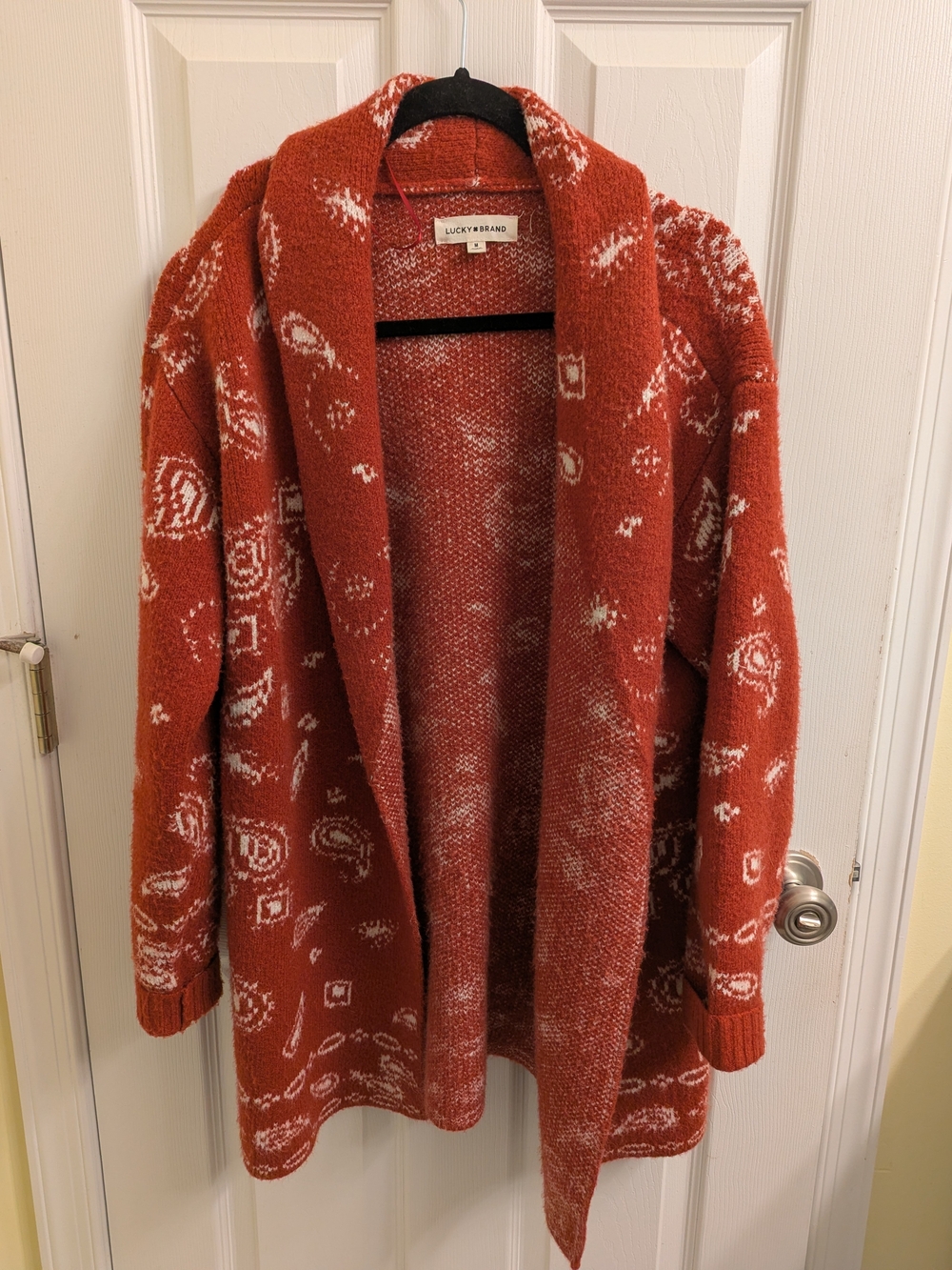 Lucky Brand Rust and White Patterned Shawl-Collar Cardigan